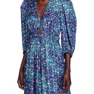 Floral Blue Silk Flowy Elegant Dress- 36 /S